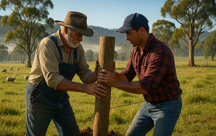 Two farmers helping each other with fencing