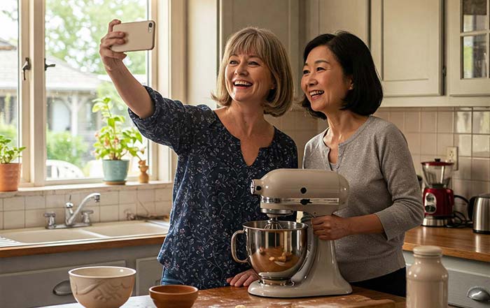 Two people sharing kitchen equipment