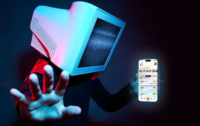 A figure with a glitching retro-TV screen for a head holds up a smartphone running the Kontrak Social app
