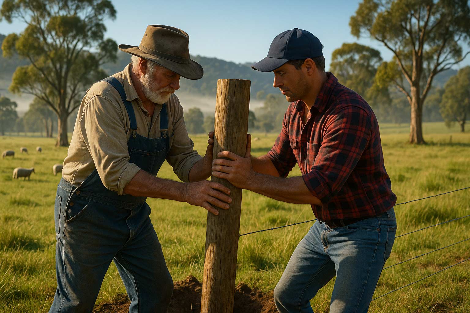 two farmers helping each other with fencing