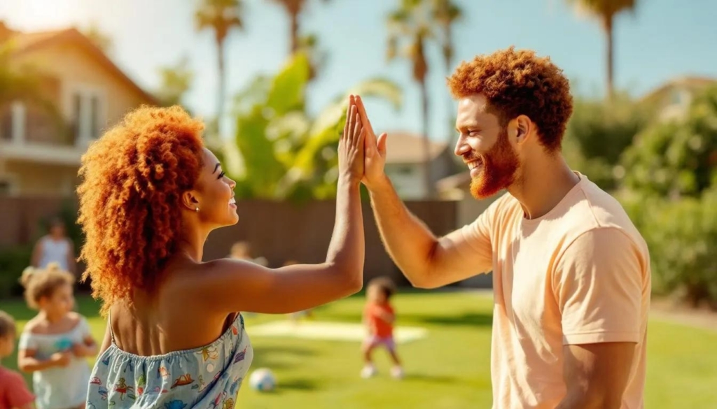 a man and a woman giving each other a hi 5